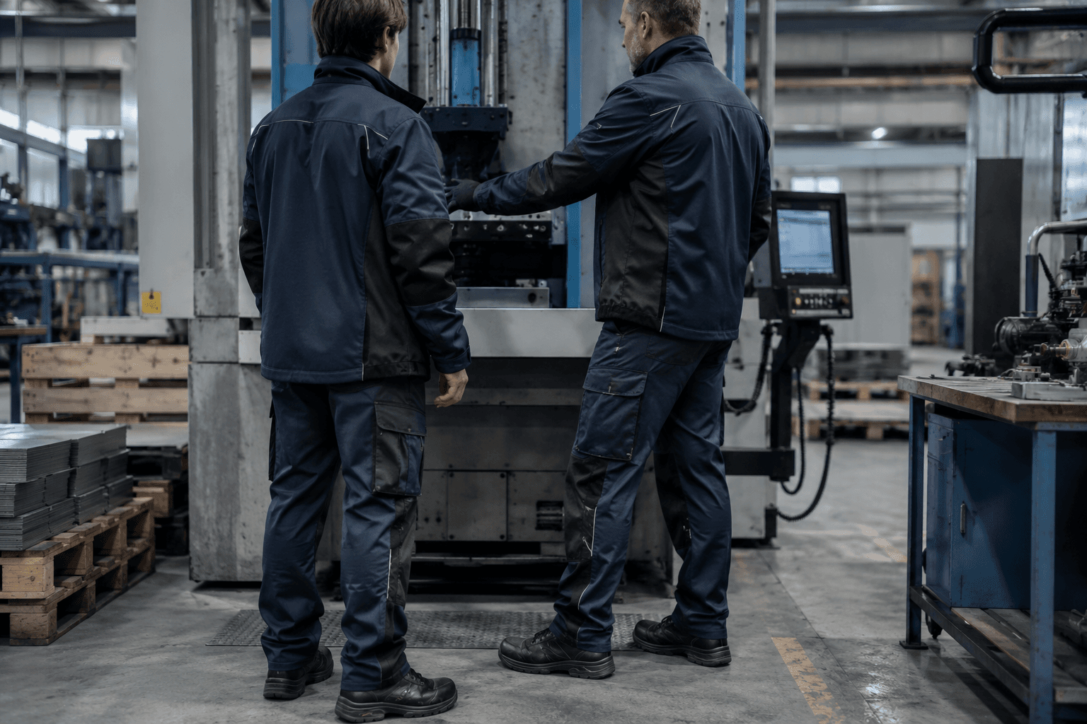 Trabajadores uniformados en planta de manufactura real